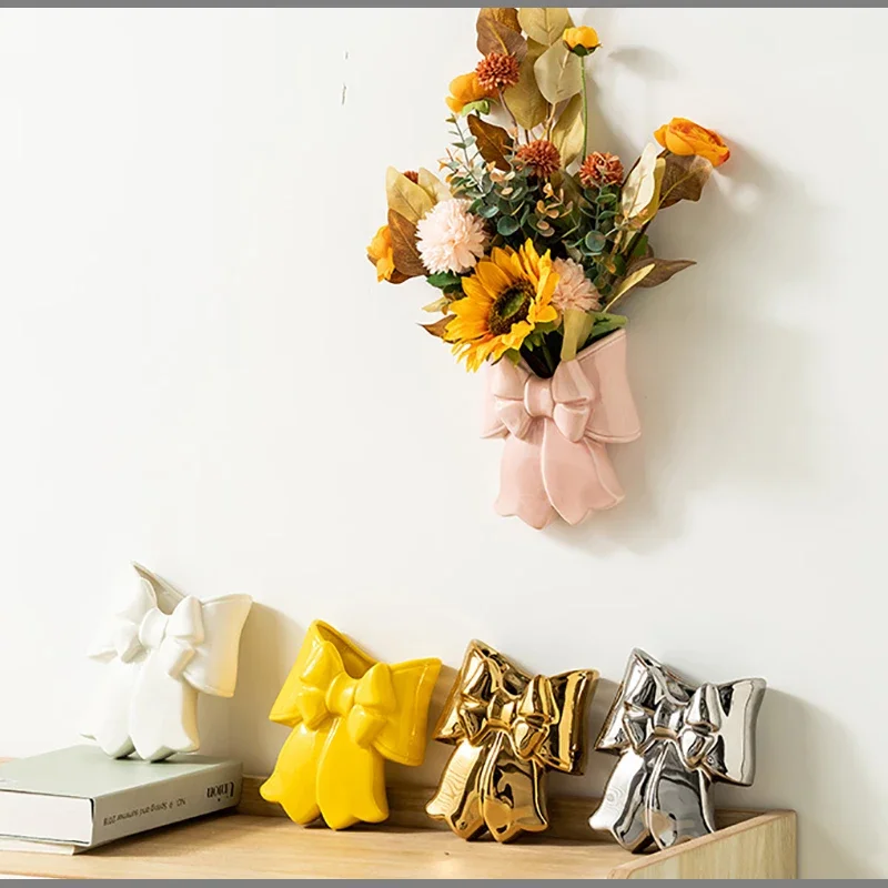Ceramic Bowknot Vase Ornament Wall Hanging Flower Arrangement Holder for Room Dining Room Tabletop Ceramic Vase Home Decoration