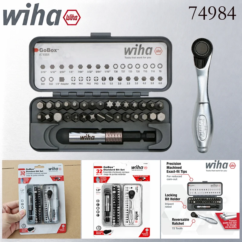 Wiha 74984 GoBox 32Pcs Screwdriver Bit Set 72 Tooth Mini Ratchet Wrench Magnetic Bit Holder 1/4 Inch Drive Precision Bits Kit