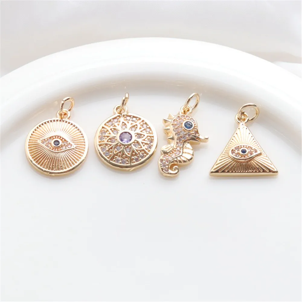 14K Gold-wrapped Zircon Hanging Angel Eye Hippocampus Round Brand Pendant, DIY Jewelry Accessories, Bracelet, Necklace, Earrings