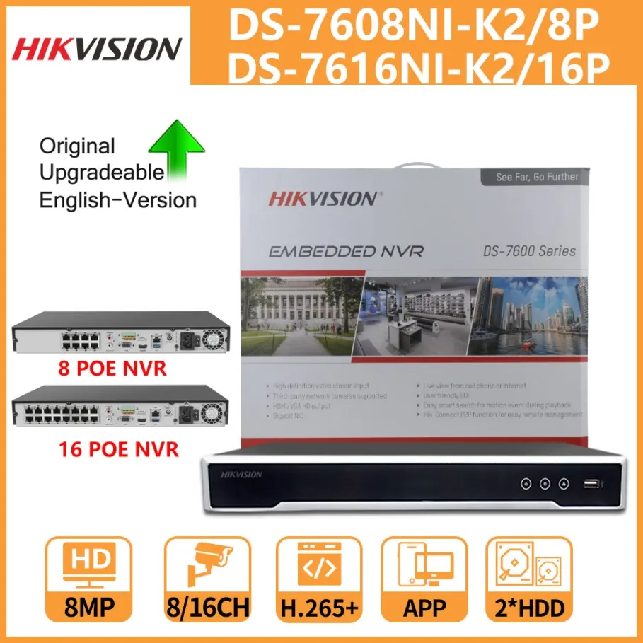 

Hikvision 8/16CH 4K NVR DS-7608NI-K2/8P DS-7616NI-K2/16P 8/16 Port PoE 2 SATA Plug & Play Original Network Video Recorder