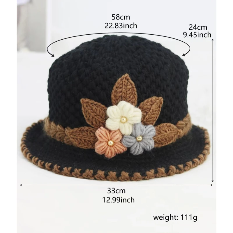 Sombrero flor ganchillo para mujer a prueba viento, sombrero pescador libre otoño, sombrero cubo para