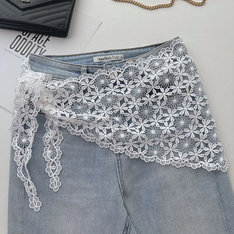 

-soluble lace hollow long scarf women, black and white versatile, Japanese and Korean style decorative back sc