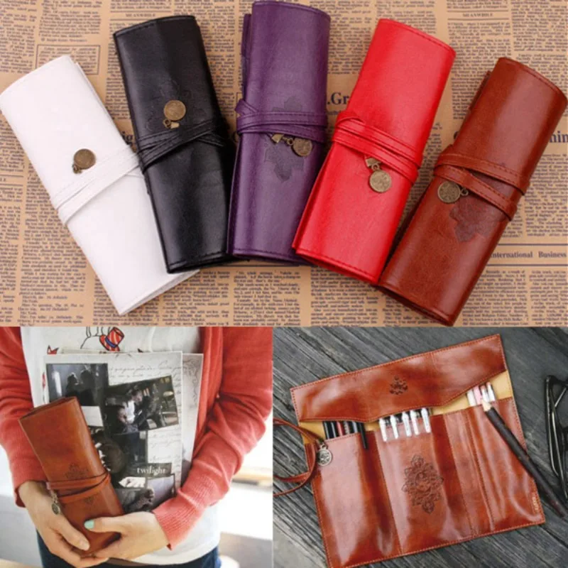 1pcs New Style Roll PU Leather Purse Pouch Makeup Pem Pencil Case Cosmetic Bag Retro