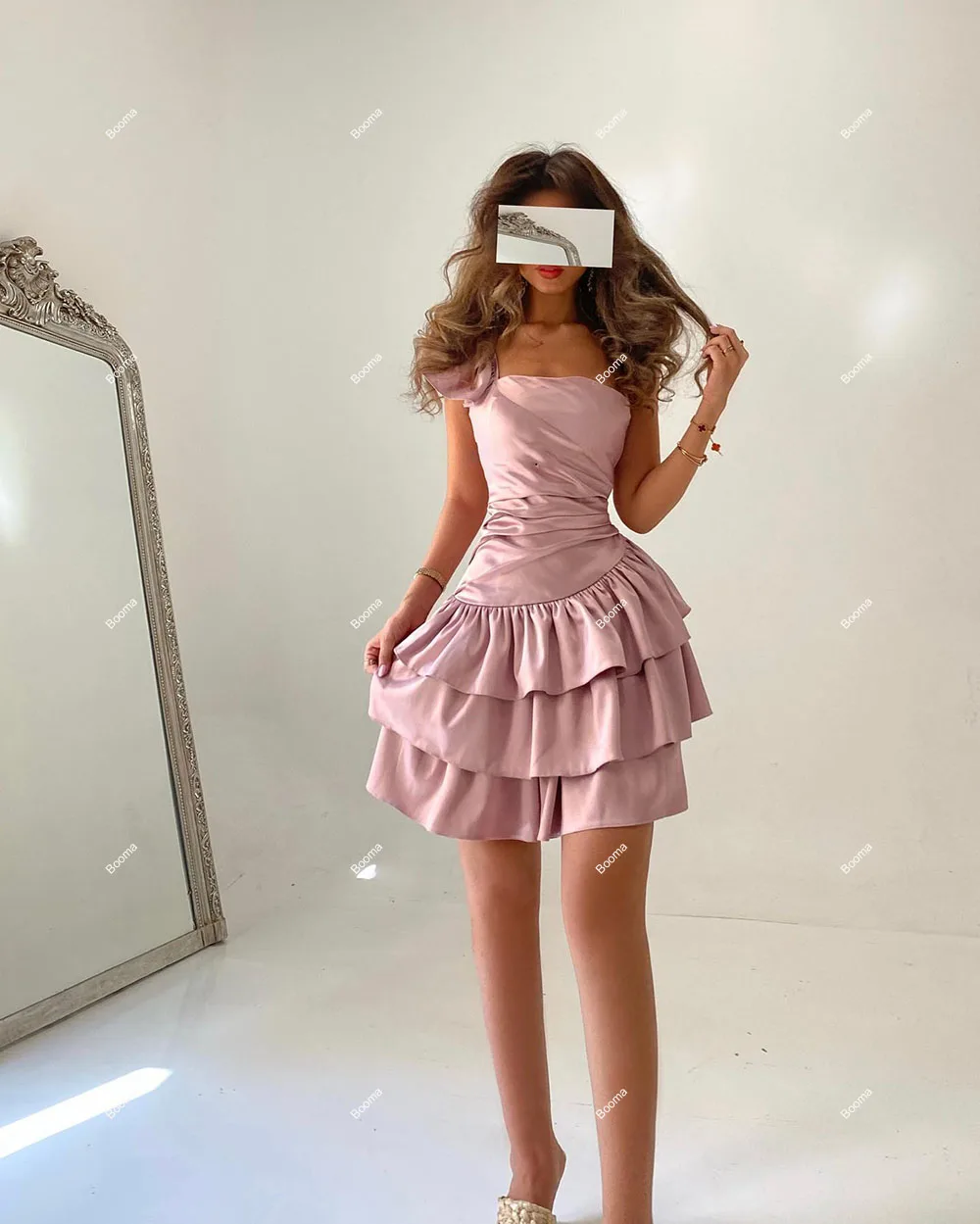 Booma Short Prom Dresses One Shoulder Pleats Tiered Stain Cocktail Dress for Women Saudi Arabic Special Occasion Gown for Events