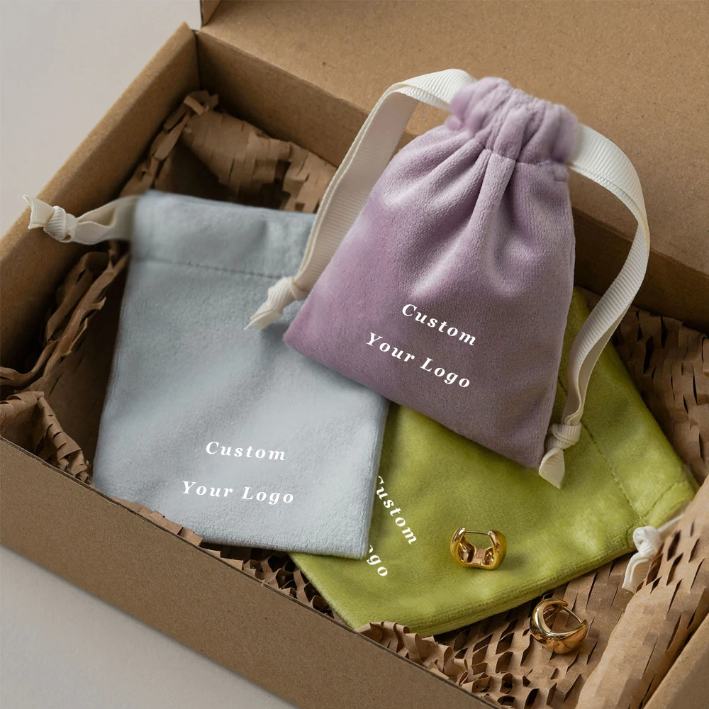 

100pcs Customized Logo Soft Velvet Ribbon Pouch for Jewelry Personalized Logo Drawstring Velvet Dust Gift Cosmetic Packaging Bag