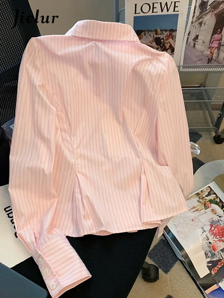 Jielur Summer New Pink Vertical Striped Women's Blouse Polo Neck Long-Sleeved Blouse Female Sweet Casual Basic Simple Woman Top