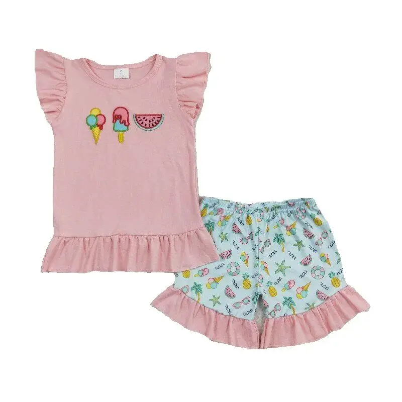 

RTS Baby Girls Wholesale Toddler Flutter Sleeve Watermelon Embroidery Summer Tee Top Ruffle Shorts Outfits Clothes Sets