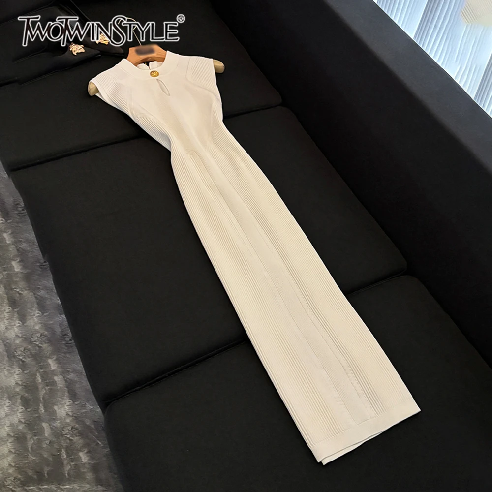 

TWOTWINSTYLE Temperament Solid Dresses For Women Round Neck Sleevless High Waist Spliced Button Draped Dress Female KDR539369