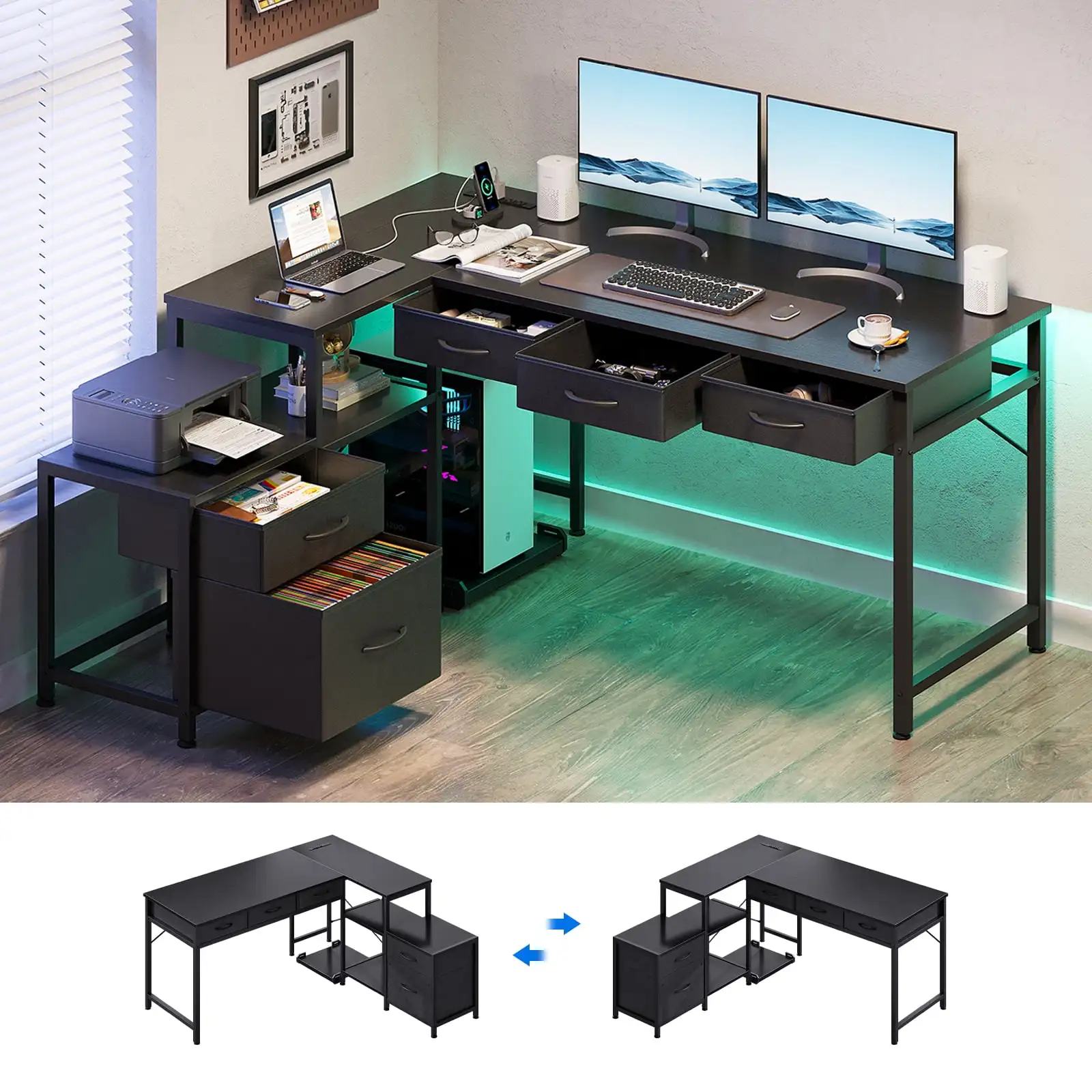 Home Office Desk with File Drawer & Power Outlet, Modern Corner Computer Desk with CPU Stand, Printer Storage Shelves, Black