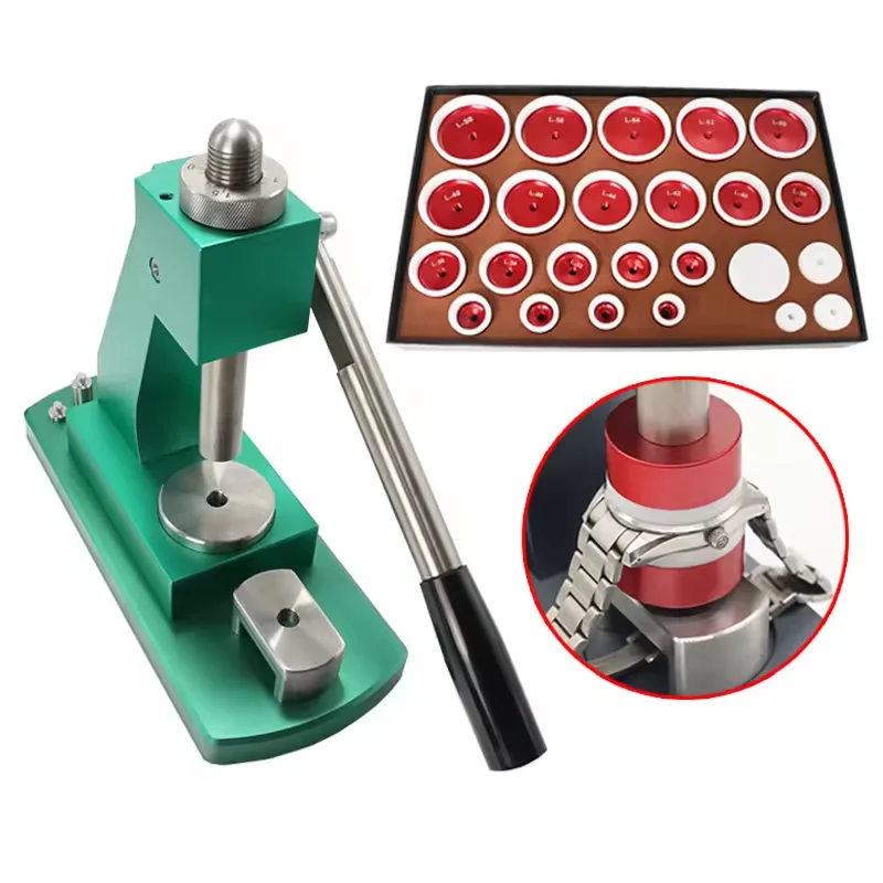 Watch Back Press Case Closer Glass Fitting Watchmaker Repair Tool Kit. with 24 Snap on Fitting Dies/Moulds