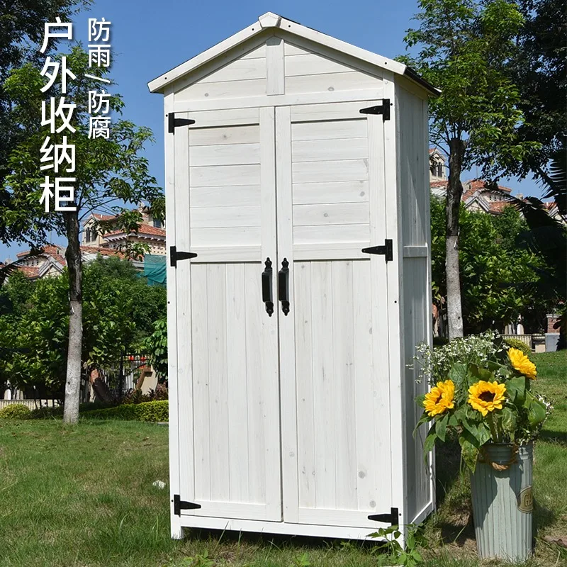 Outdoor Storage Cabinet Tools Glove Box Functional Locker Rainproof Solid Wood Courtyard Garden Balcony Shovel High White