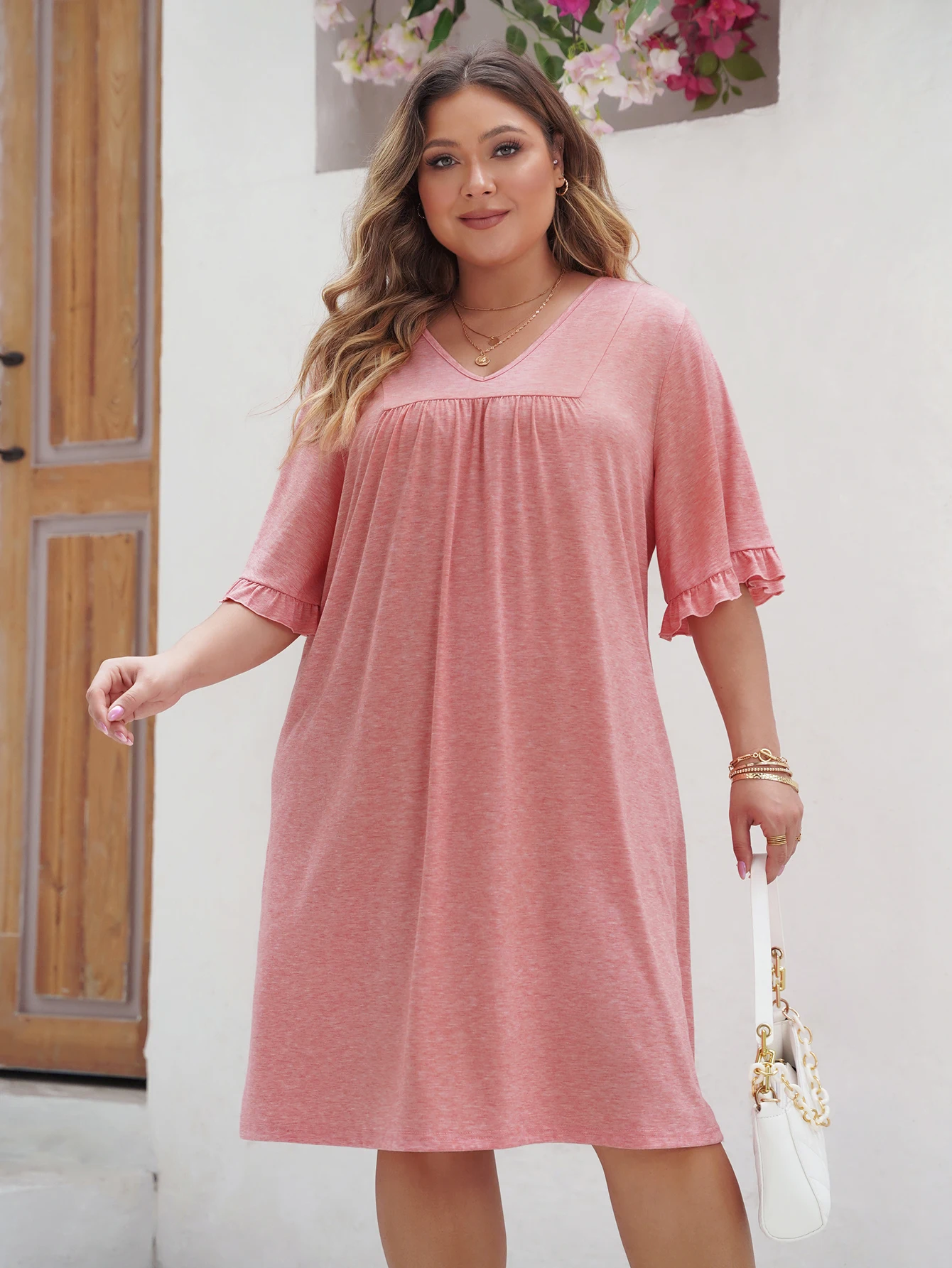 3XL 4XL Plus Size Women\'s Clothes Summer V-neck Loose Long Dresses Casual Solid Short Sleeve Elegant Party Female Midi Dress