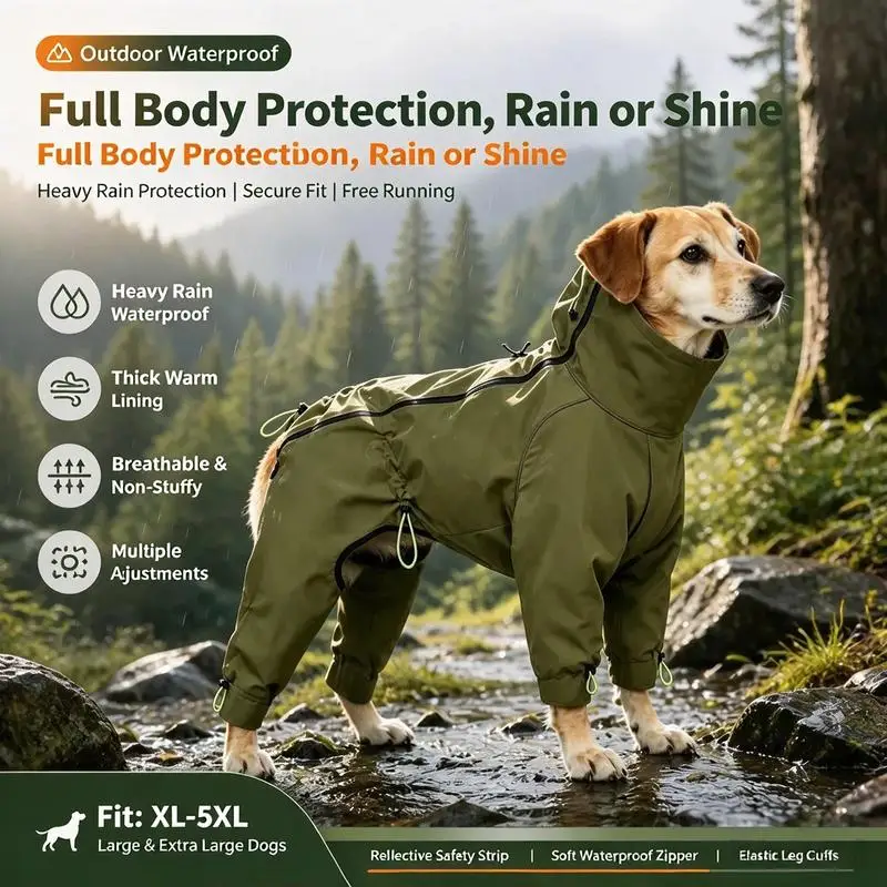 Full Body Waterproof Dog Four-legged Jacket Reflective Fleece Warm Dog Rain Suit Adjustable Drawstring for Large Dogs