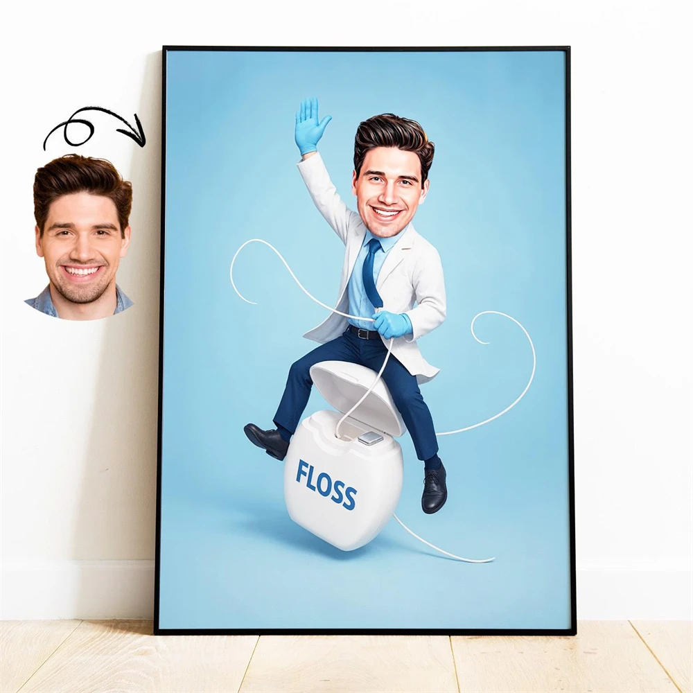 Custom Dentist Caricature Art Poster Funny Floss Portrait Custom Doctor Cartoon Portrait Prints Surgeon Caricature Canvas Print