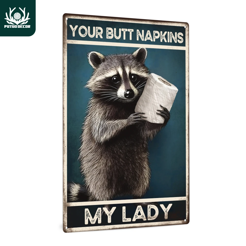 Putuo Decor 1pc Fun Raccoon Toilet Vintage Metal Tin Sign, Bathroom Washroom Retro Wall Art Decor, 7.8 X 11.8 Inches