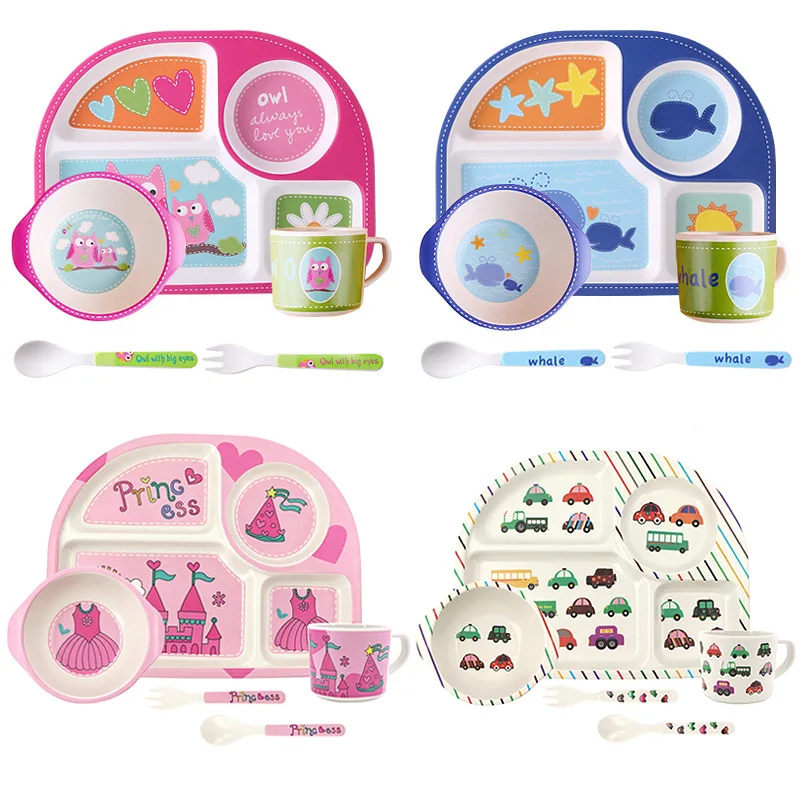 5pcs Creative Bamboo Fiber Children Tableware Set Cartoon Grid Dinner Plate Rice Bowl with Cup Fork Spoons for Home Kindergarten