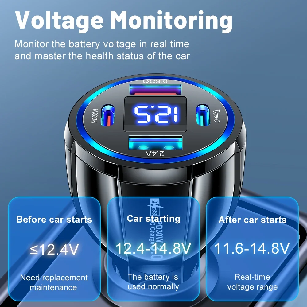 Adaptador de carregador de carro USB C 30W 4 em 1 Tipo C PD Carregamento rápido com display digital de tensão para celular Iphone Xiaomi no carro