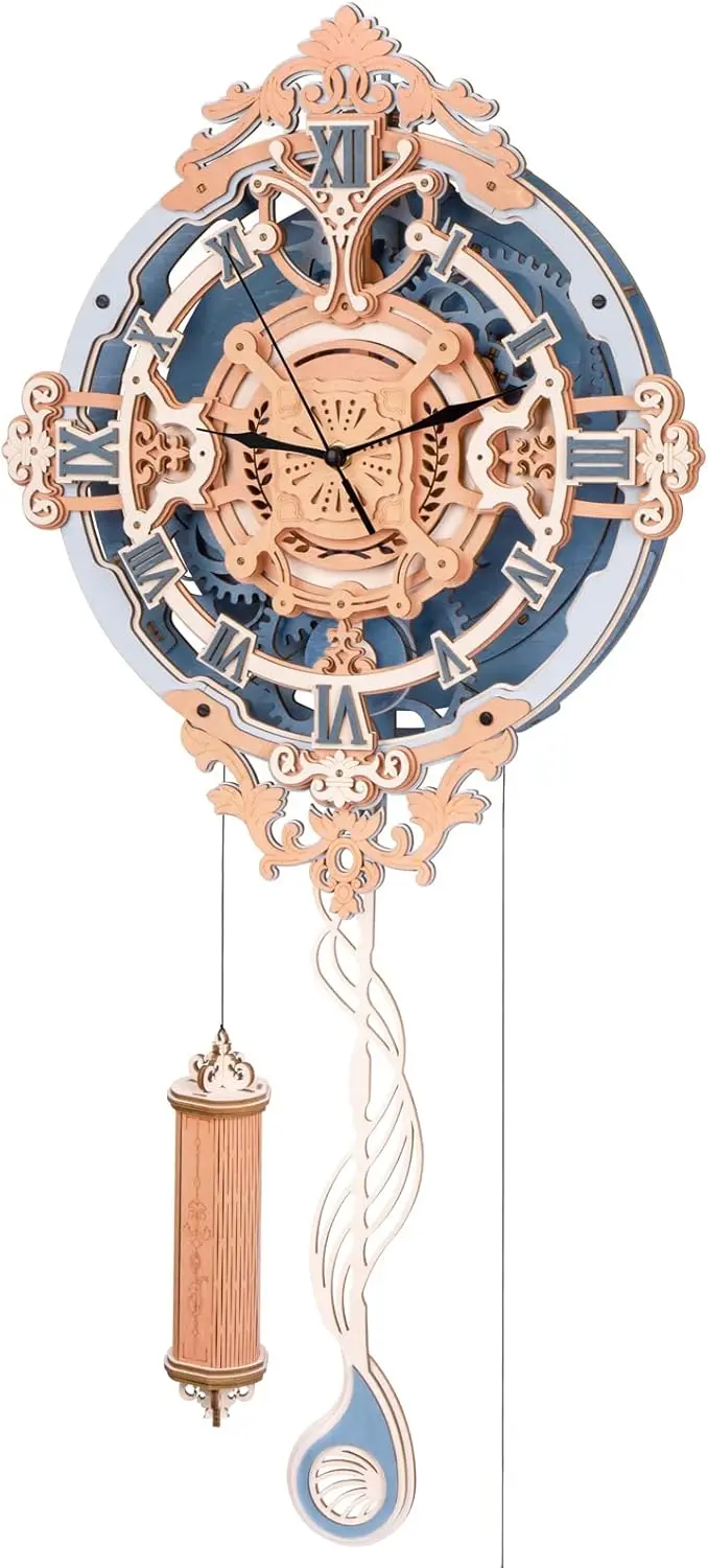 

3D Puzzles for Adults Vintage Wooden Pendulum Clock Kits 12", Mechanical Building Model Kits DIY Wall Clock Hobbies for Adults H