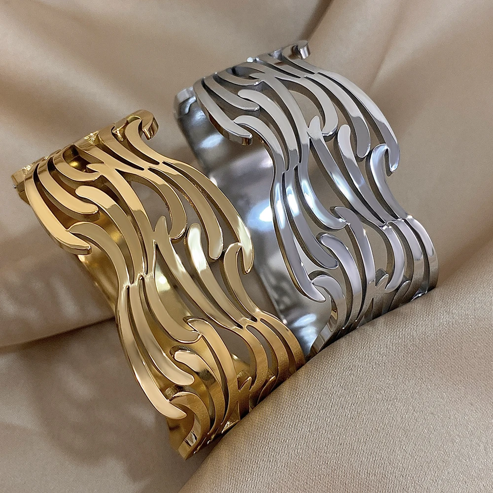 Tıknaz düzensiz geniş çok katmanlı paslanmaz çelik kadınlar için asimetrik dalga manşet bilezik bileklik su geçirmez takı