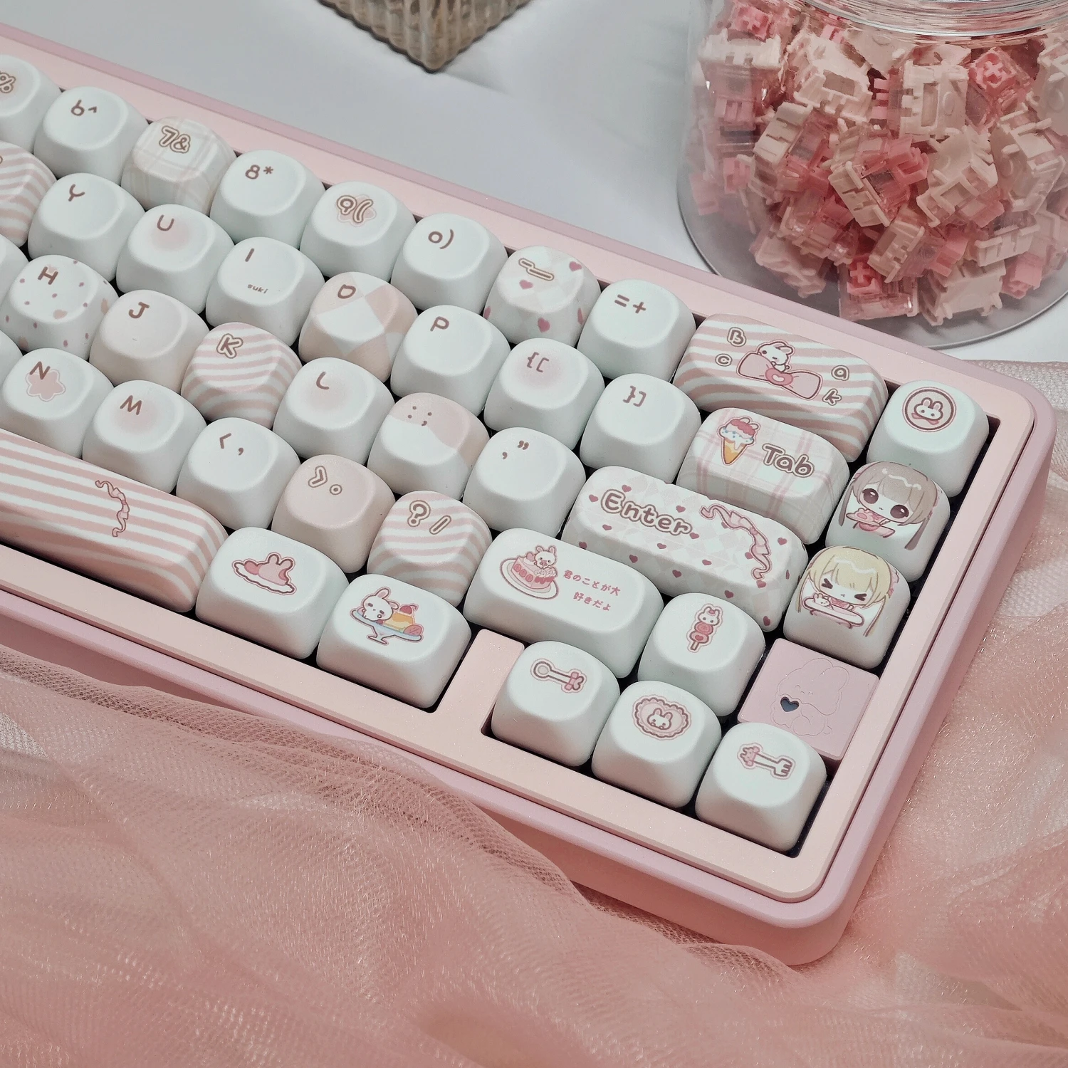 MAIMOOO Pink Rabbit Doll Keycap MOA Cherry Profile PBT Custom Cartoon Cute Bunny Keycaps for Mechanical Keyboard Girls Gifts