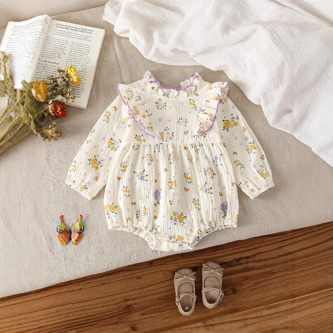 

Baby Princess Clothes 2025 Autumn New Pastoral Floral Long-sleeved Jumpsuit Sweet Baby Girl's Climbing Clothes.