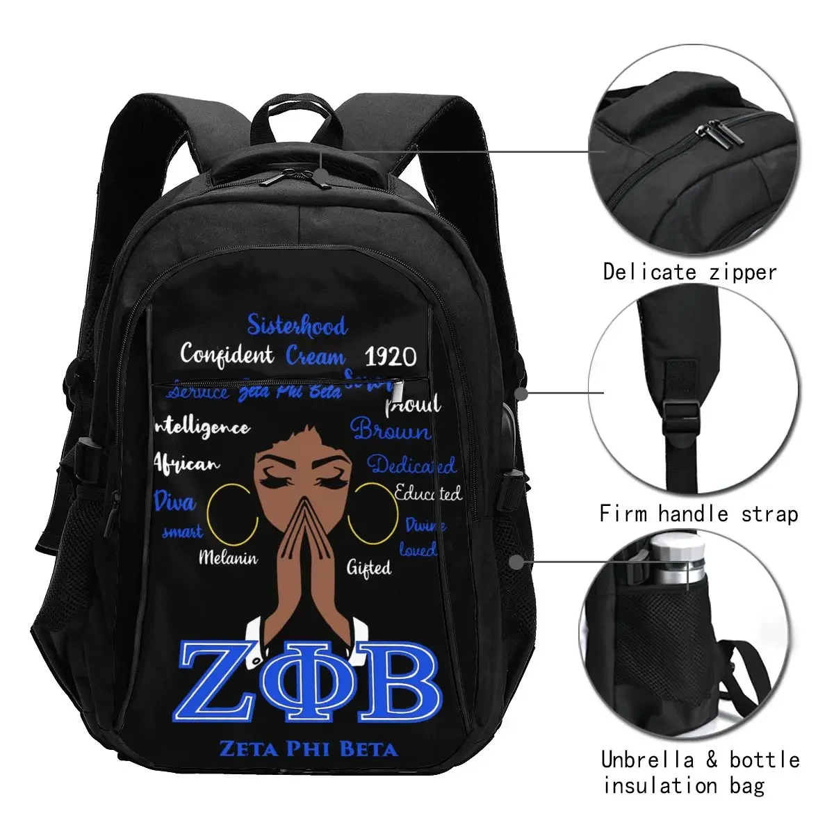 Zeta Phi Beta ZPB Sorority Travel Laptop Backpack, Business Water Resistant Laptop Backpack with USB Charging Port, College Bag