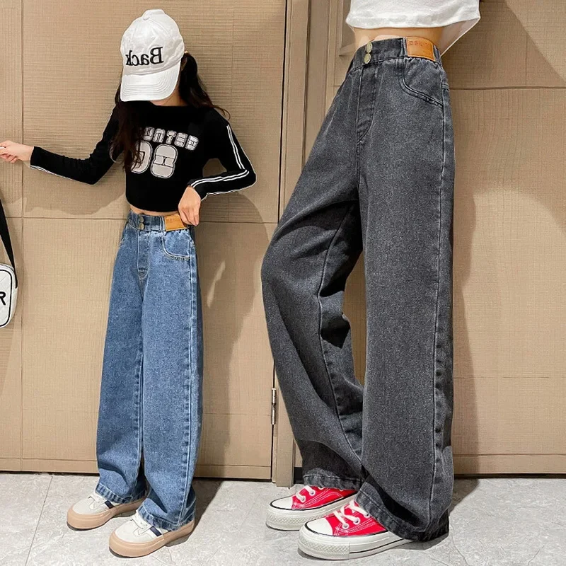 Girls Jeans Autumn Casual Loose Side Gradient Color Young Children Wide Leg Pants 8 10 12 13 14 Years Teen School Kids Trousers