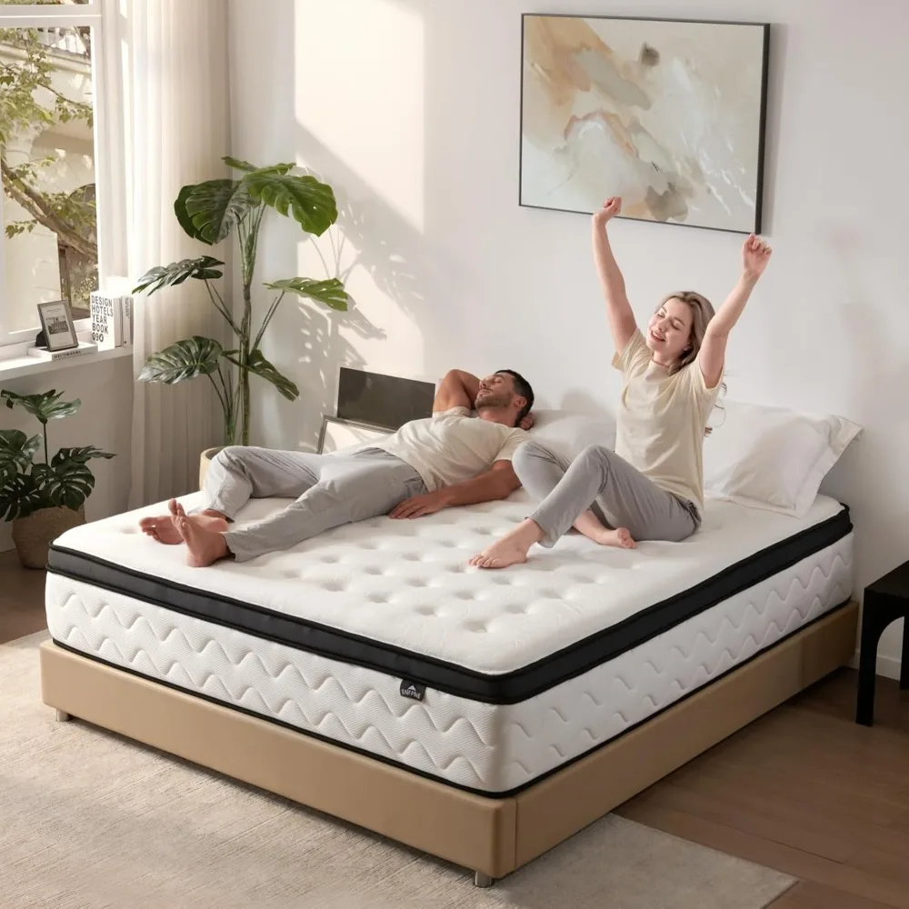 

king-size 14-inch hybrid mattress: memory foam and pocketed springs for pressure relief and reduced motion transfer