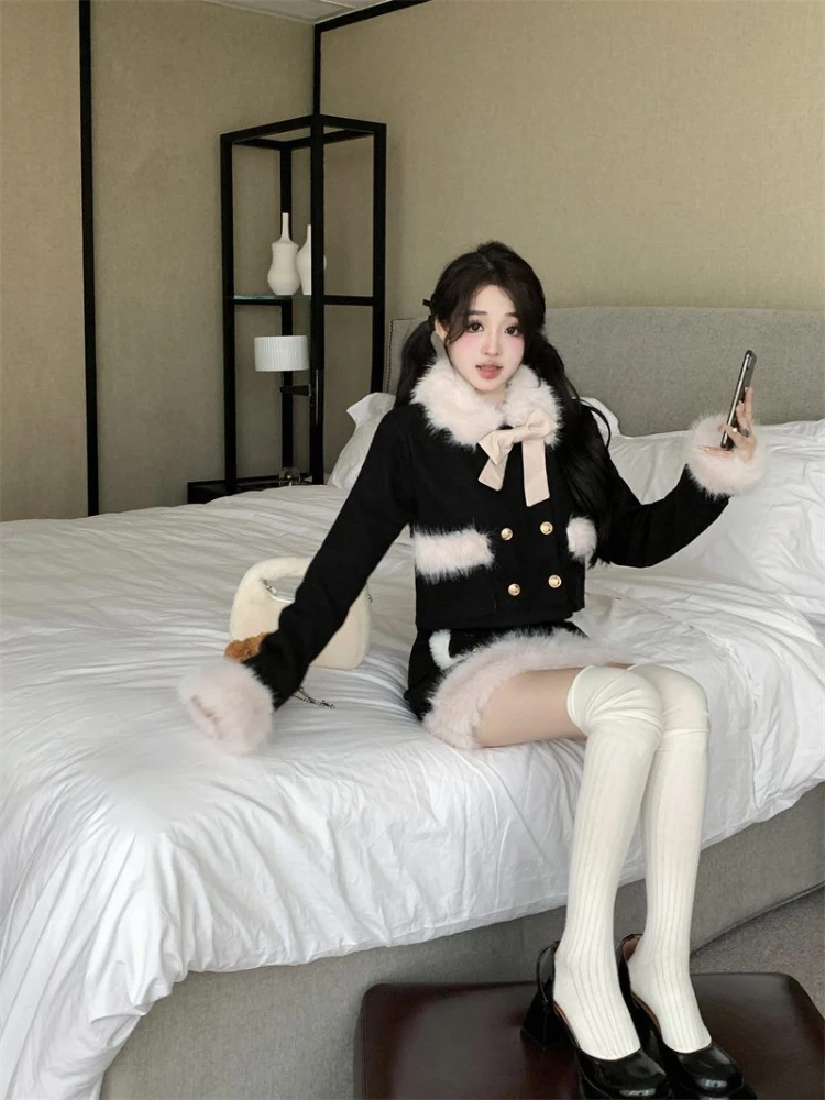 2023 Winter Kawaii Faux Fur Clothing Suit Woman Warm Elegant Coat + Slim Y2k Mini Skirt Outwear Korean Fashion Sets Office Lady