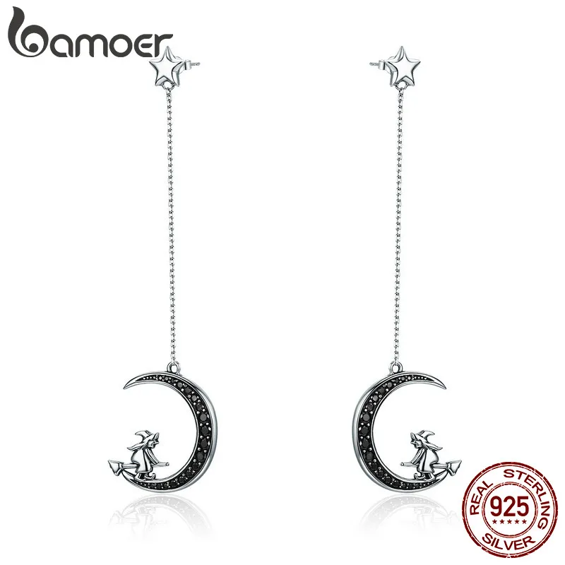 

Женские сережки Bamoer, сережки-полумесяц из стерлингового серебра 925 пробы с черным цирконием, волшебная ведьма на Луне, ювелирные украшения SCE287