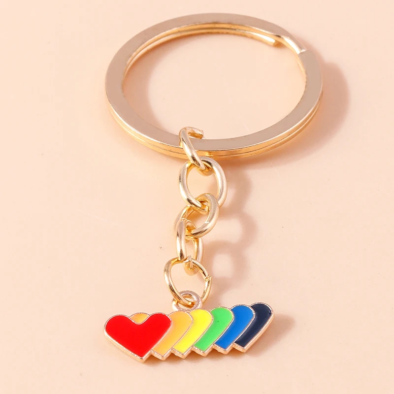 Cute Enamel Rainbow Love Heart Keychain Women Girl Key Ring Pendant for Car Key Holder Handbag Decor DIY Handmade Jewelry Gift