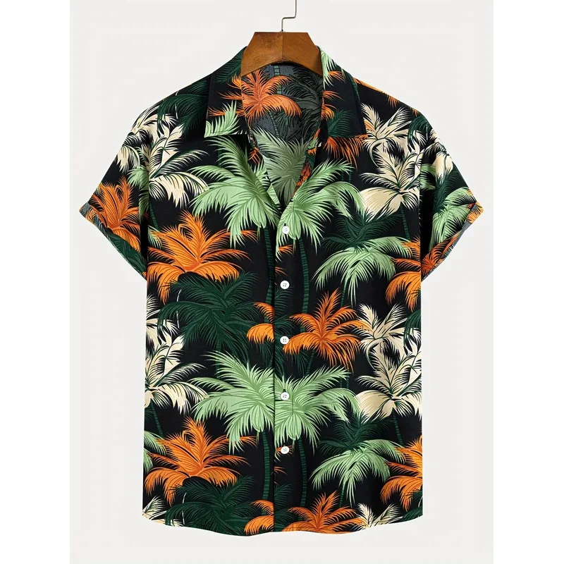 Tropical Coconut Tree Pattern Men'S Short Sleeve Button Down Lapel Shirt For Summer Resort Holiday Hawaiian Style Oversized Tops