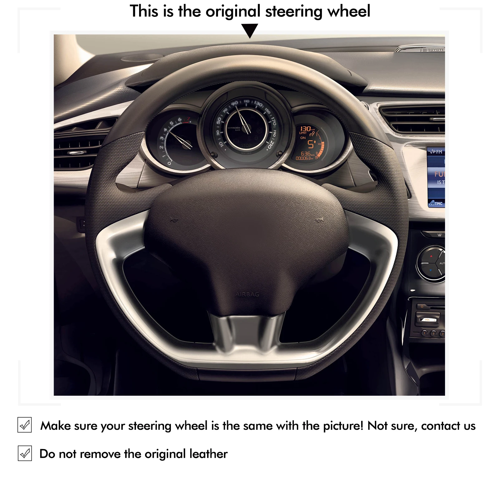 Mewant Black Genuine Leather Car Steering Wheel Cover for Citroen DS 3 DS3 2010-2019 / DS3 Cabrio 2015-2018