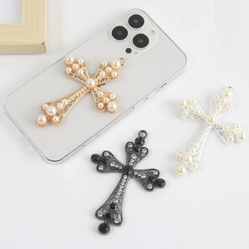 3pcs 60mmx90mm Large Heavy Good Quality Antique Silver/Gunmetal/KC Golden Cross Pendant Charm Finding,dotted Rhinestone Pearl