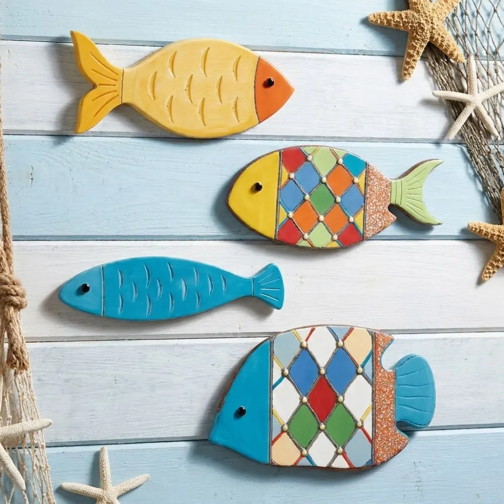 2D Fish Shaped Wood Fish Wall Decor Vintage Style Beach Theme Wooden Fish Hanging Sign Rustic Retro School of Fish