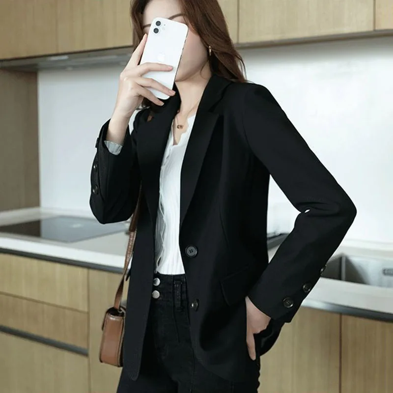 Women's Loose Korean Casual Suit Jacket, Female Office Overalls Coat, Professional Women's Wear Outerwear, Black, Spring, Autumn