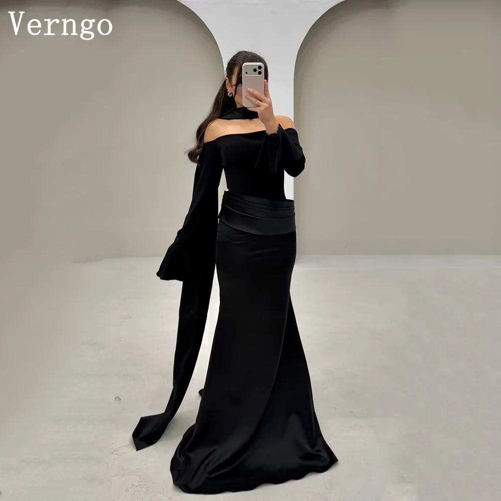 

Verngo Black Crepe Evening Dress Off The Shoudler Mermaid Prom Dresses Pleated Scarf Party Gowns 2026 Customized