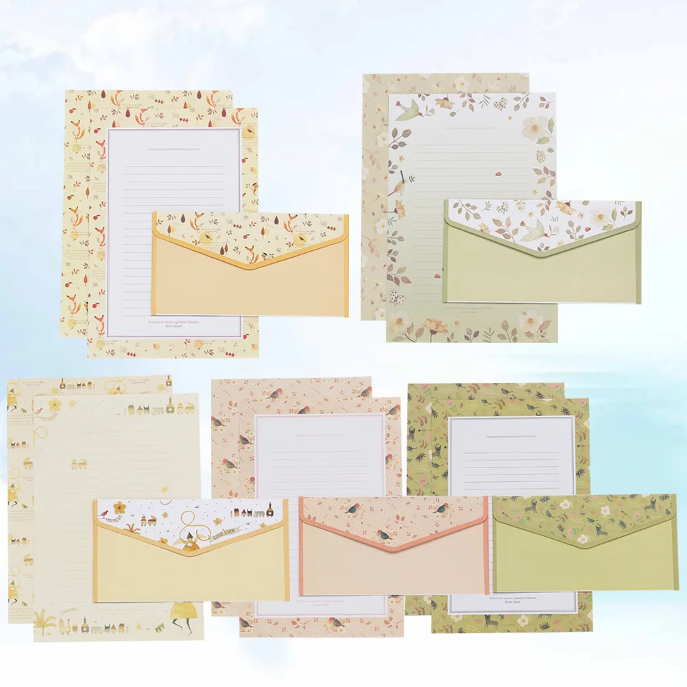 5 Sets/45pcs Flower Printing Envelope and Letter Paper Lovely Writing Stationery Envelopes Kit School Stationery for School (15