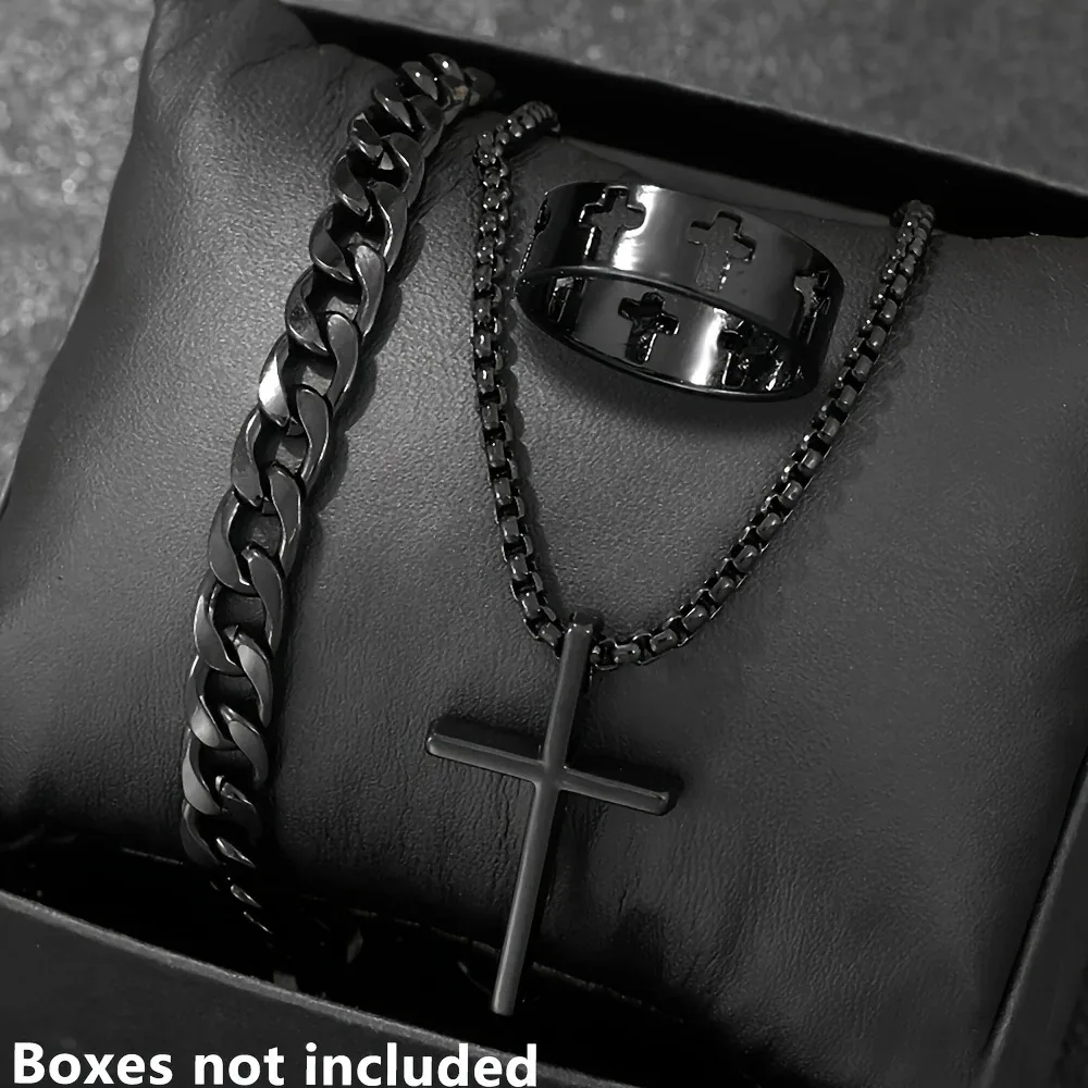 3pcs Fashion Alloy Men's Cross Pendant Necklace, Bracelet & Ring Combo Jewelry Set image 3