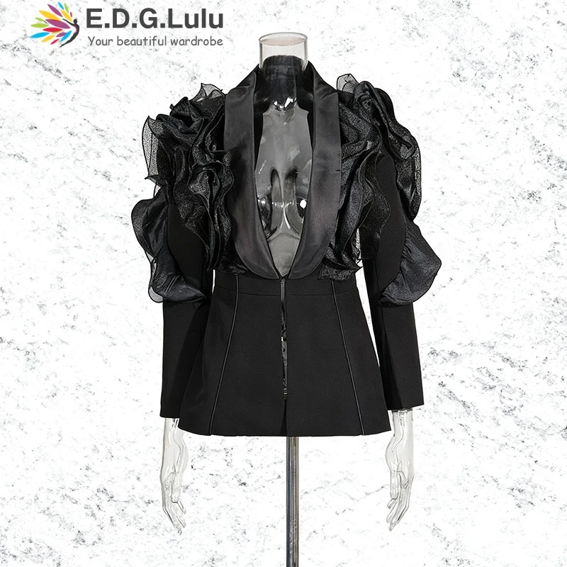 

EDGLuLu 2025 Новый 3d модный пиджак с листьями лотоса и глубоким v-образным вырезом, персонализированный черный пиджак для женщин 1102