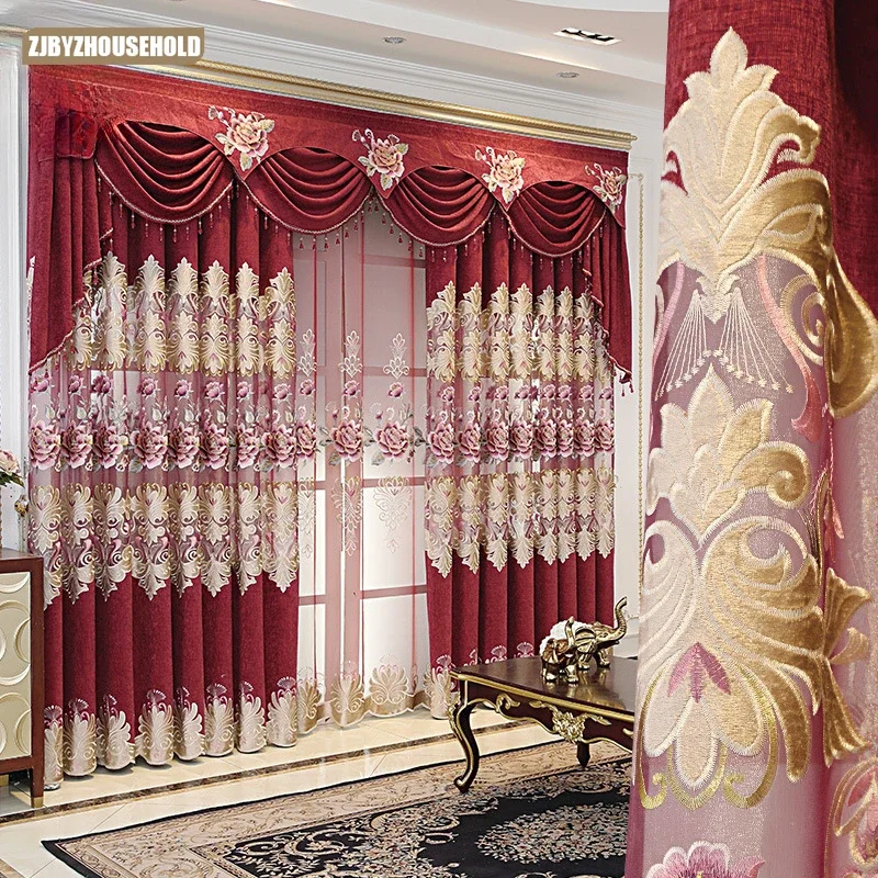 

European Curtains for Living Dining Room Bedroom Style Light Luxury Snow Embroidered Flower Curtains