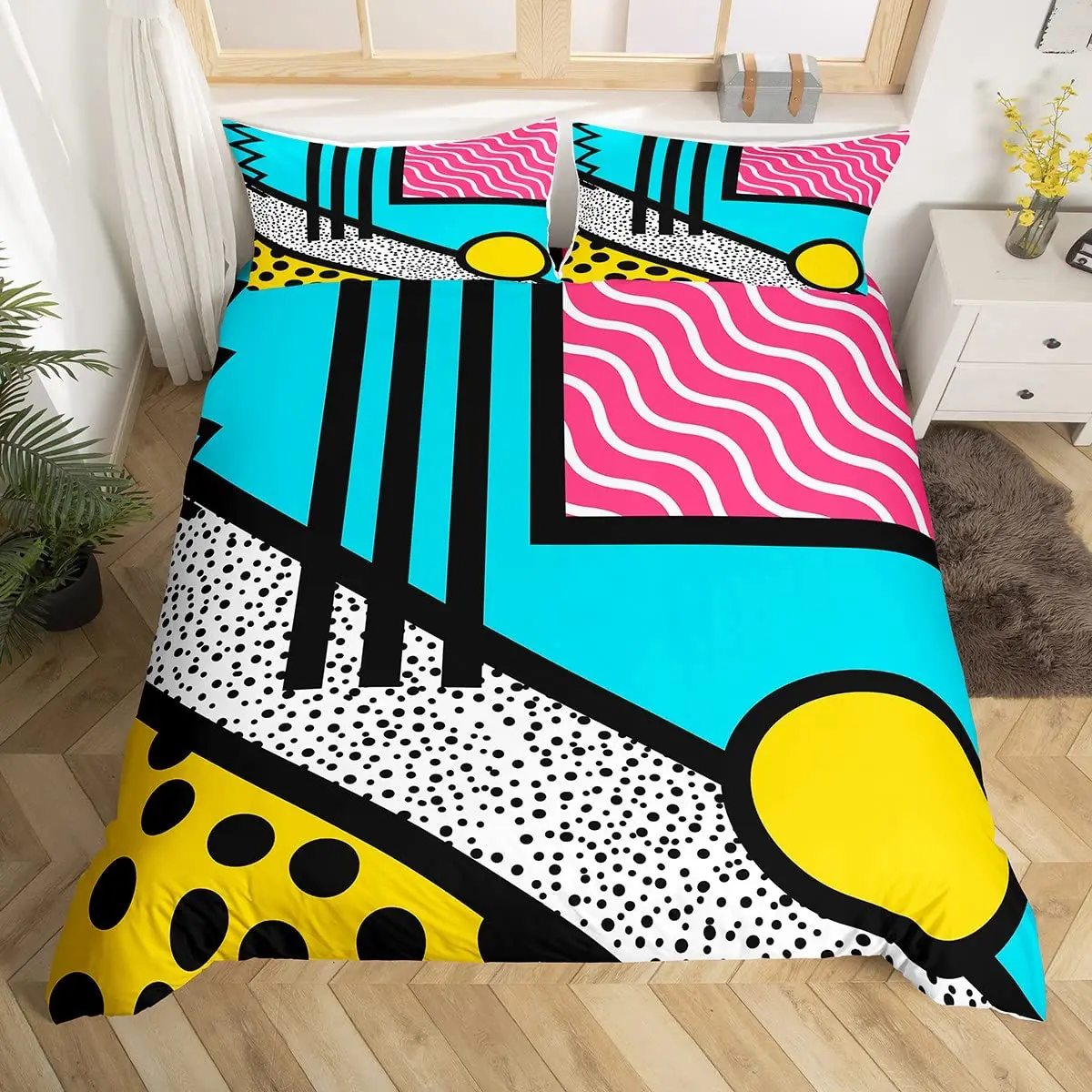 Niebieski różowy Memphis zestaw pościeli kolorowa abstrakcyjna poszwa na kołdrę Hippie Hip Hop kołdra geometryczna moda w stylu vintage kapa na kołdrę
