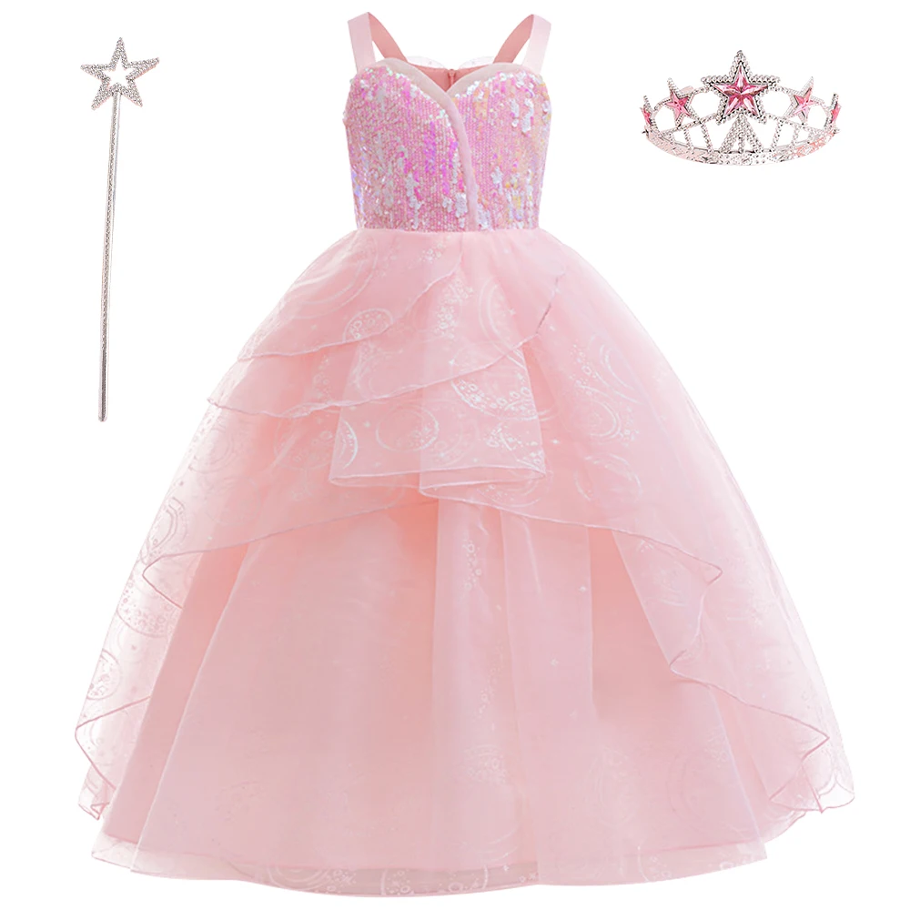 Girls Carnival Magical Movie Witch Glinda Cosplay Dress Kids Pink Princess Costume Elegant Wedding Flower Girl Suspender Dresses