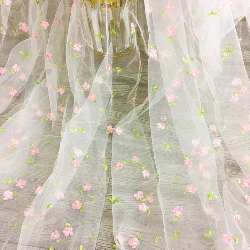 160x45cm Small Pink Flower Embroidered Mesh Fabric For Girls Princess Dress Tulle Handmade DIY Clothing Decoration Fabric TJ9656