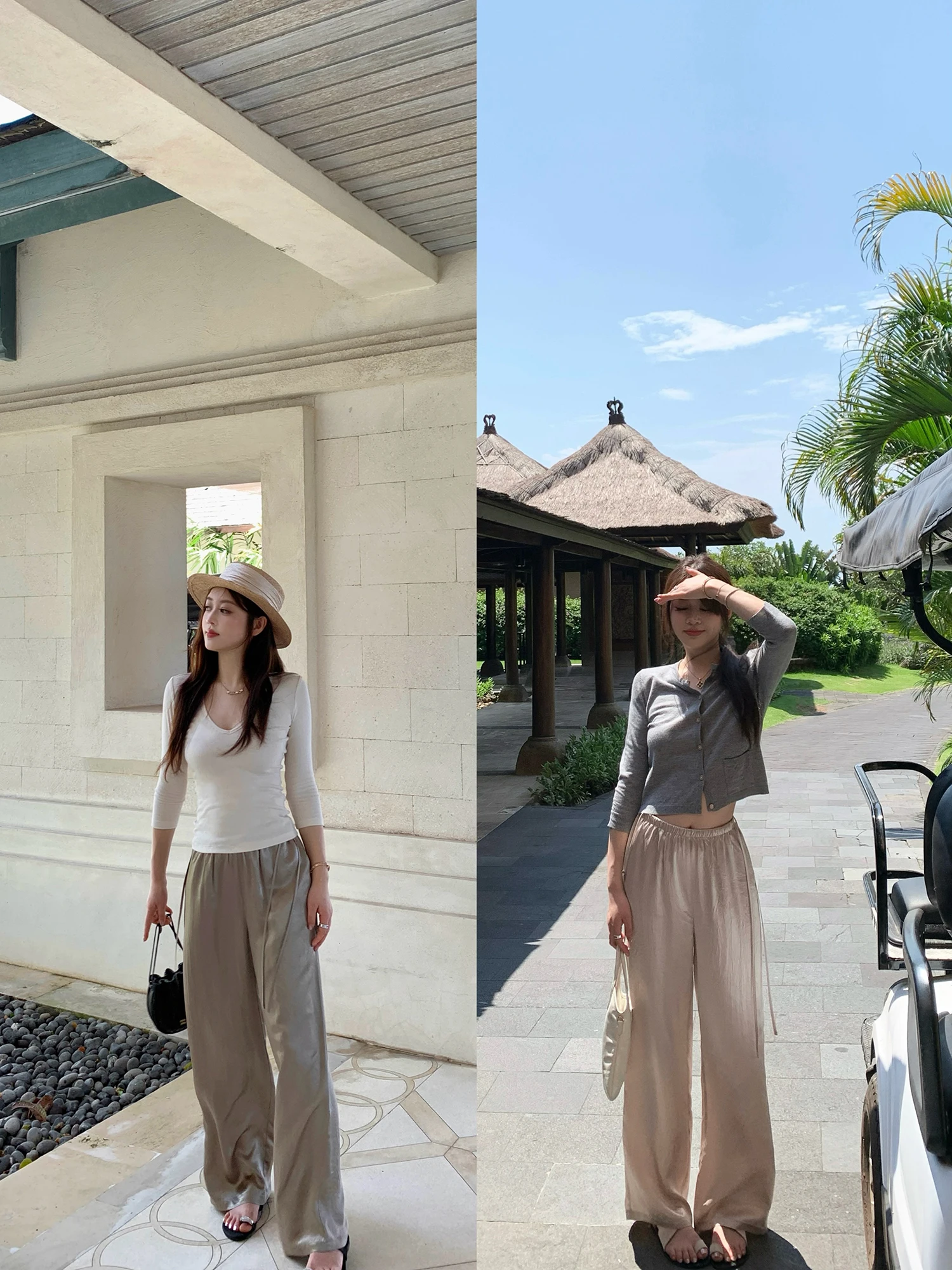 

Summer Slide Pants Gold Leaf Nude Acetate Drawstring Elastic Waist Casual Straight Leg Long Trousers New Arrival Women's Fashion