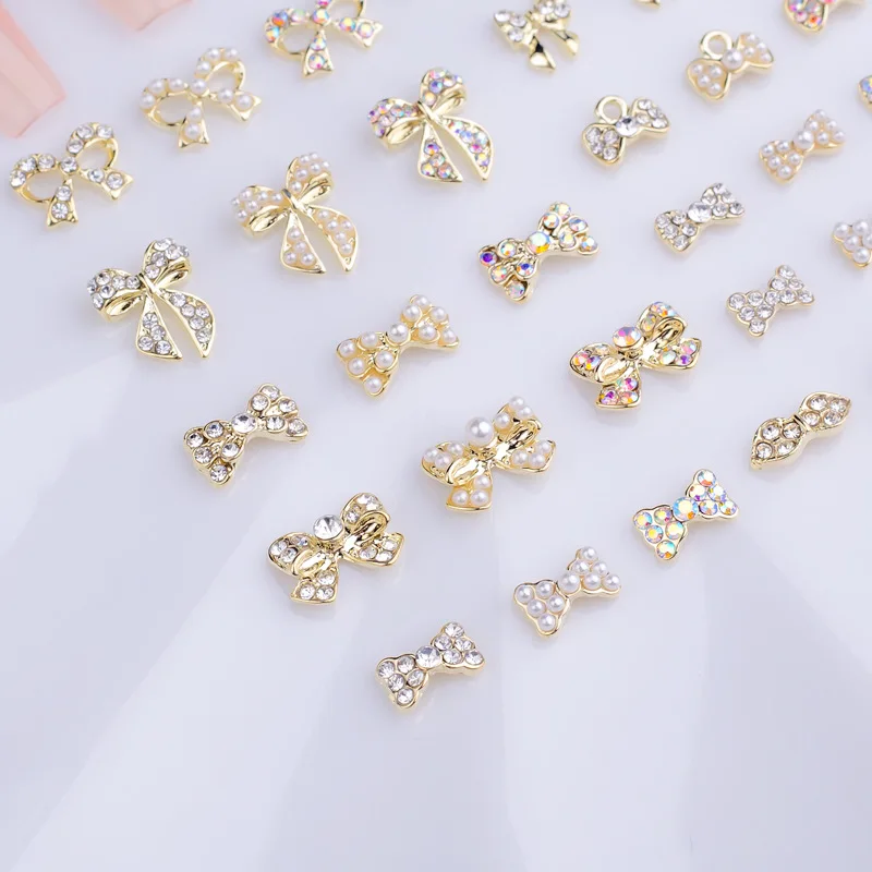 10PCS Alloy Bow Nail Charms Gold Bowknot Crystal Decoration 3D Rhinestone Nail Parts Gem Stones Supplies DIY Manicure Design#10