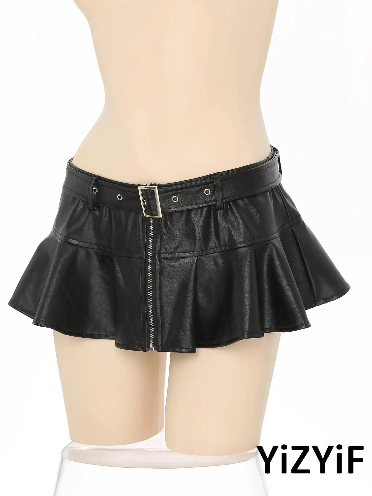 

Womens Faux Leather Erotic Motorcycle Style Mini Skirt Belt Front Zipper Pleated Hem Skirt for Bar Night Pole Dance Rave Party