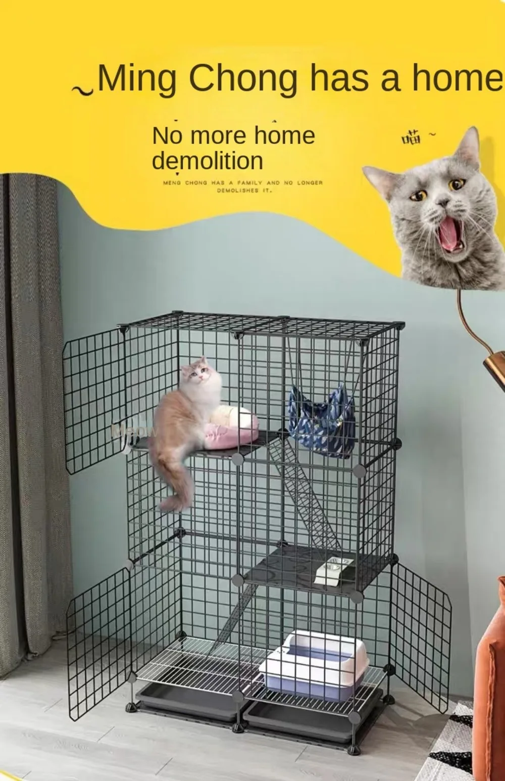 Tragbarer DIY Katzenkäfig, abnehmbarer Drahtgitterzaun für drinnen und draußen, faltbar, mit mehreren Türen und Fenstern, großes Haus, große Katzenvilla – Detail 2