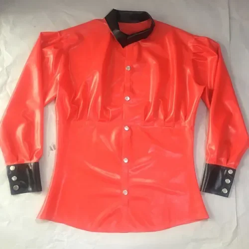 

Latex Top Unisex Red and Black Long Slevees Shirts With Button Size XXS-XXL