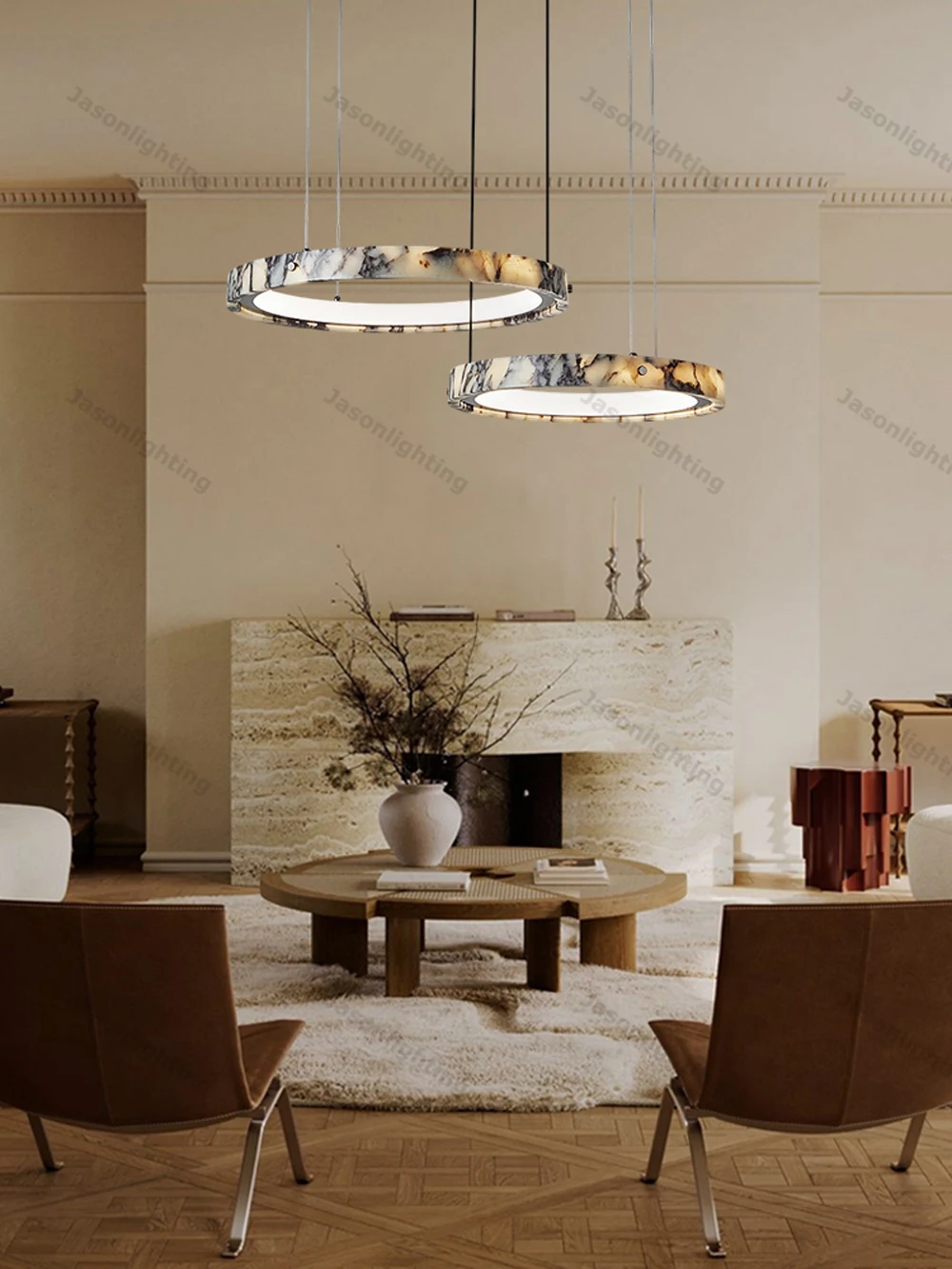 5-Ring Natural Marble Gold Chrome Dimmable LED Chandelier